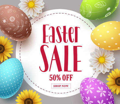 Easter sale vector banner template design with colorful eggs, spring flowers and sale text in white background for easter celebration discount promotion. Vector illustration.
