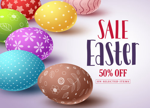 Easter sale vector banner design and template with colorful eggs and sale text in white background for easter celebration shopping discount promotion. Vector illustration.
