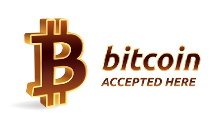 Bitcoin accepted sign emblem. Crypto currency. 3D isometric golden Bitcoin sign with text Accepted Here. Block chain. Stock vector illustration.