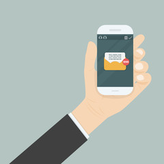 Hand holding smartphone and touching screen with text messaging.Smartphone with new message on screen.Chat,SMS,Instant messaging.Mobile messenger concepts for web sites.Web banners.