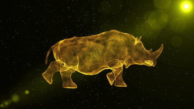 Rhinoceros, Rhino, large abstract animal walking through particles, fantasy 3D animation