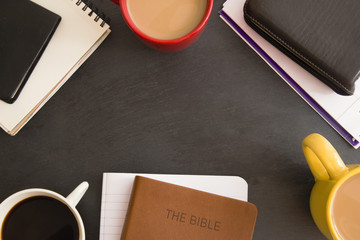 Bible Study Group with Coffee on a Chalkboard Surface 