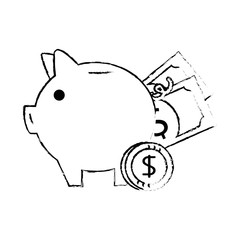 piggy savings with bills and coins vector illustration design