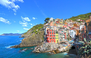 Fototapeta na wymiar Riomaggiore Village, Cinque Terre, Italy. Colourful Beautiful sunny Day