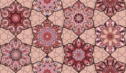 Seamless pattern morrocan vitrage ornament. Floral textile print. Islamic vector design. Oriental background with abstract flowers. Stained glass vitrage.