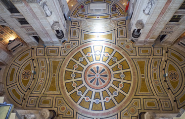 The floor of National Pantheon decorated with polychromed patterns of marble. Lisbon. Portugal