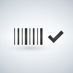 Best price bar code icon, black and white barcode icon with check mark, vector illustration.