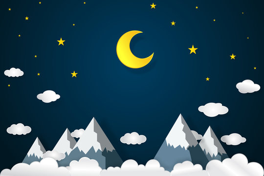 Half moon, clouds and stars in the night as paper art and craft style concept. vector illustrator.