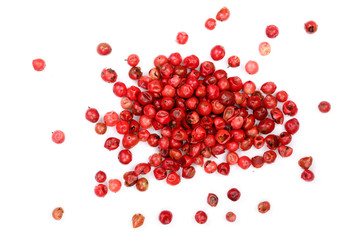 pink peppercorns seeds isolated on white background. Top view. Flat lay