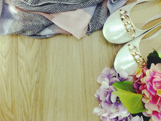 woman accessories top view of flat shoes lady bag and scarf with space background