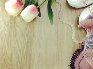 woman accessories top view of flat shoes lady bag and scarf with space background