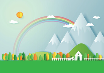 Green eco friendly living house and nature forest landscape background.Paper art of ecology and environment conservation creative idea concept design.Vector illustration.