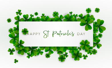 Happy Saint Patrick's Day background, greeting card with green and gold four and tree leaf clovers, modern geometric template, trendy paper art design. Vector illustration.