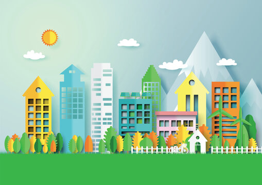 Green eco friendly city and nature landscape abstract background.Paper art of renewable energy ecology and environment conservation creative idea concept design.Vector illustration.