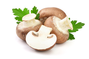Fototapeta premium Royal Brown champignon with half and parsley leaf isolated on white background