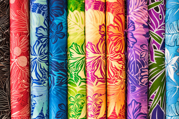 Rainbow Aloha Hawaiian Print Fabric on sale at the Swap Meet on Oahu, showing tropical hawaiian concept - obrazy, fototapety, plakaty