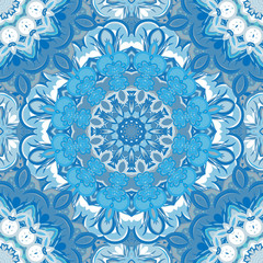 Vector festival art seamless mandala pattern. Ethnic geometric print. Blue frame background