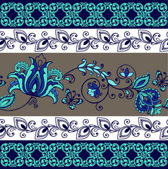 Set of Lace Seamless Borders. Stripes with Blue. Floral Motifs. Decorative ornament backdrop for fabric, textile, wrapping paper.
