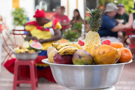 Tropical fresh fruits on a washbowl in Cartagena, Colombia.