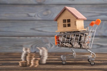 The concept of a house in a shopping cart on a background of natural wood and coins, money. Idea: buying a house, renting, selling real estate. Mortgage. Loan for housing. Eco-friendly housing