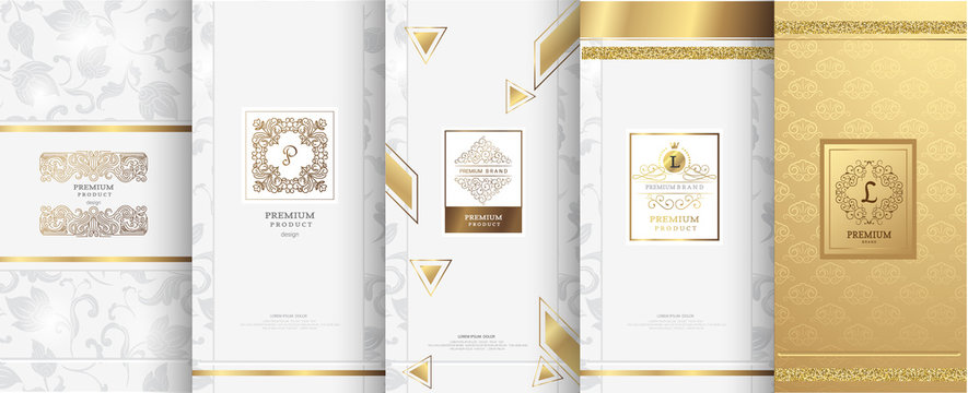 Collection of design elements,labels,icon,frames, for packaging,design of luxury products.Made with golden foil.Isolated on white background. vector illustration