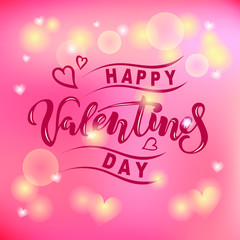 Happy Valentines Day text isolated on pink blurred background. Hand drawn lettering as Valentines Day logo, badge, icon. Template for St. Valentine's Day, invitation, party, greeting card, web