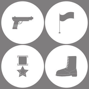 Vector Illustration Set Office Army Icons. Elements of Pistol Gun, Flag, military medal and military shoe boots icon