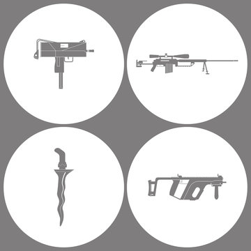 Vector Illustration Set Office Army Icons. Elements of UZI weapon, Sniper Rifle cheytac, Knife Cris and Rifle Kris V gun icon