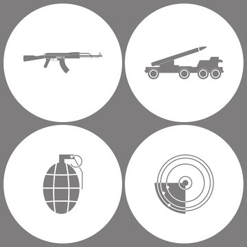 Vector Illustration Set Office Army Icons. Elements of AK47, Missile truck, Hand Grenade and Radar Icon icon
