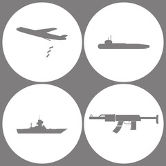Obraz premium Vector Illustration Set Office Army Icons. Elements of Heavy bomber with bombs, Military submarine, Warship and AK47 icon