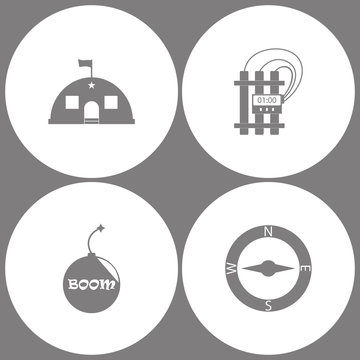 Vector Illustration Set Office Army Icons. Elements of Barracks, military tent, time bomb, bomb icon and Compasses icon