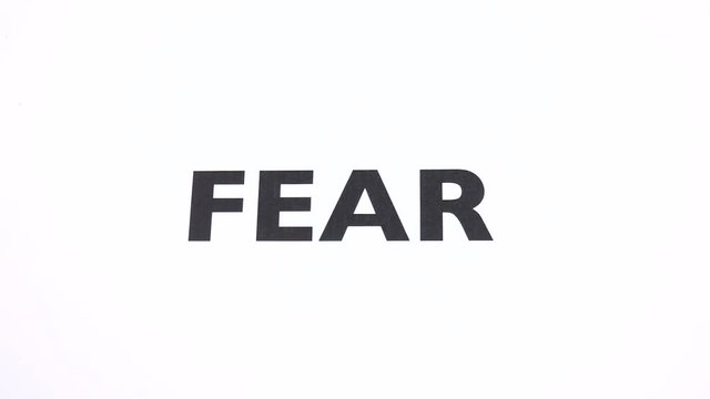 FEAR prohibition symbol, refuse dread, worry ban writing with copy space. No be afraid, reject fright, fearfulness and funk negative sign with white background. Concept of courage and confidence