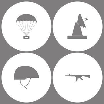 Vector Illustration Set Office Army Icons. Elements of parachute with cargo, Satellite Dish, Soldier helmet and weapon automat icon