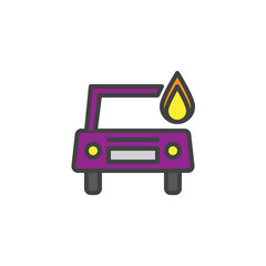 Burning car filled outline icon, line vector sign, linear colorful pictogram isolated on white. Automobile in flame symbol, logo illustration. Pixel perfect vector graphics