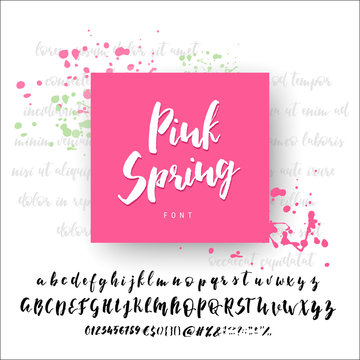 Hand Drawn Font Alphabet scrypt. Bruch ink Calligraphy Type. Pink spring. Hand Lettering and Custom Typography alphabet for Designs: Logo, Greeting Cards Poster Vector Brush type set, Letters isolated