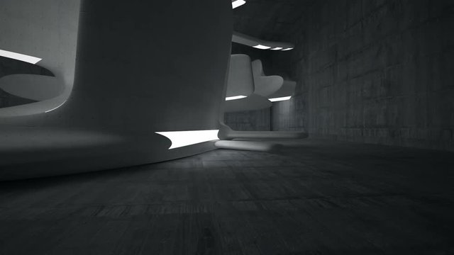 Empty dark abstract concrete and white glossy room smooth interior. Architectural background. Night view of the illuminated. 3D animation and rendering 
