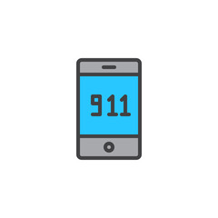 Emergency call 911 filled outline icon, line vector sign, linear colorful pictogram isolated on white. Mobile phone with 911 on screen symbol, logo illustration. Pixel perfect vector graphics