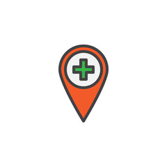 Hospital location filled outline icon, line vector sign, linear colorful pictogram isolated on white. Map pin with medical cross symbol, logo illustration. Pixel perfect vector graphics