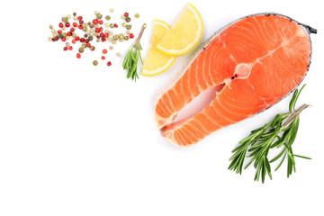 Slice of red fish salmon with lemon, rosemary isolated on white background with copy space for your text. Top view