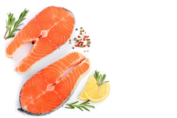 Slice of red fish salmon with lemon, rosemary isolated on white background with copy space for your text. Top view
