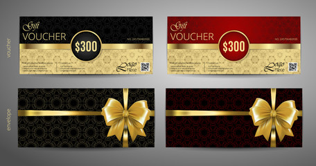 Gift Voucher set. Red and gold voucher template with a envelope. Vector