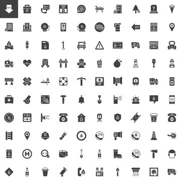 Emergency services vector icons set, modern solid symbol collection, filled style pictogram pack. Signs, logo illustration. Set includes icons as ambulance, firefighter, police, hospital
