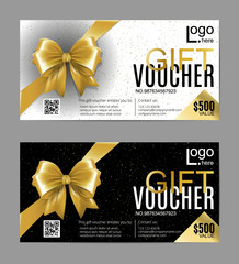 Vector gift card or voucher template with realistic gold bow ribbon. Golden, black and white vip holiday cards. Luxury design concept for gift coupon, invitation, certificate, flyer, banner, ticket. - 191446371