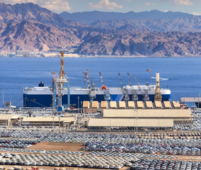 Marine cargo commercial port with new cars, Eilat. Commercial port in Eilat is the southernmost...