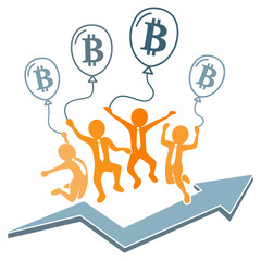 Geschäftsleute mit Bitcoin-Ballonen beim Luftsprung und Kurs-Pfeil nach oben / Flat Design, orange, blau