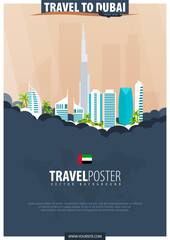Travel to Dubai, UAE. Travel and Tourism poster. Vector flat illustration.
