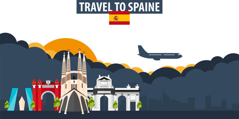 Travel to Spain. Travel and Tourism banner. Clouds and sun with airplane on the background.