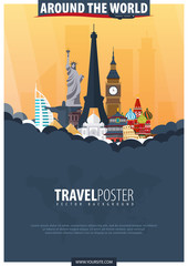 Around the world. Time to travel. Travel and Tourism poster. Vector flat illustration.