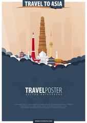 Travel to Asia. Travel and Tourism poster. Vector flat illustration.