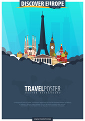 Travel to Europe. Travel and Tourism poster. Vector flat illustration.